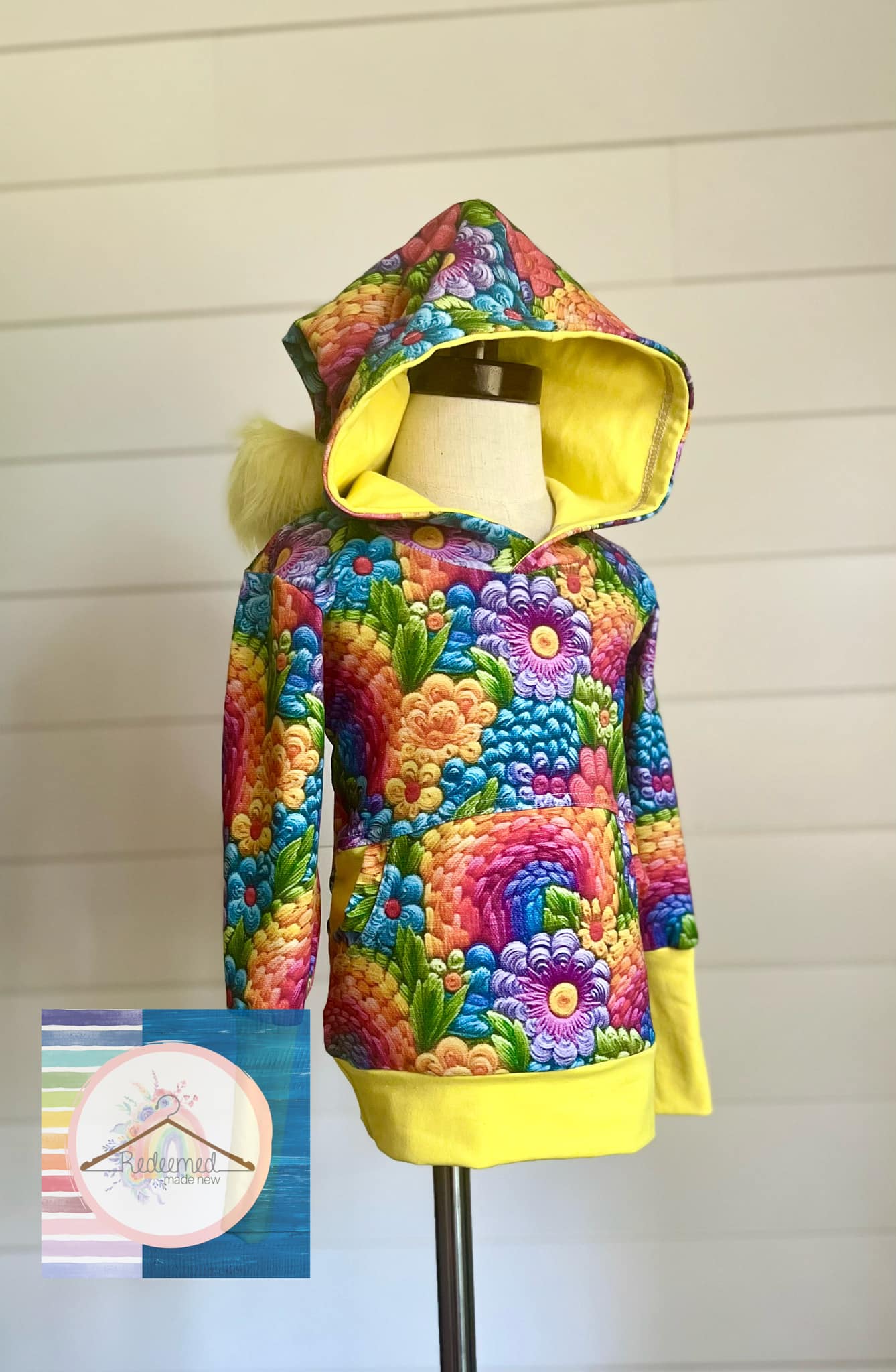 Rainbow Faux Embroidery Floral and Yellow Colorblock Hoodie with Pixie Hood and Removable Pom