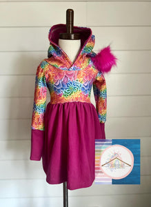 Rainbow Floral Pixie Hooded Dress with Removable Pom