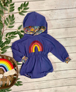 Blue and Rainbow Dolman Romper with Applique