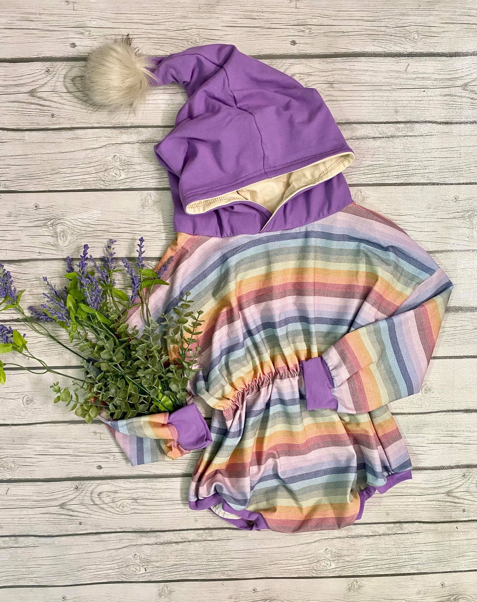 Fall Rainbow Stripe Dolman Romper w/ Pixie Hood