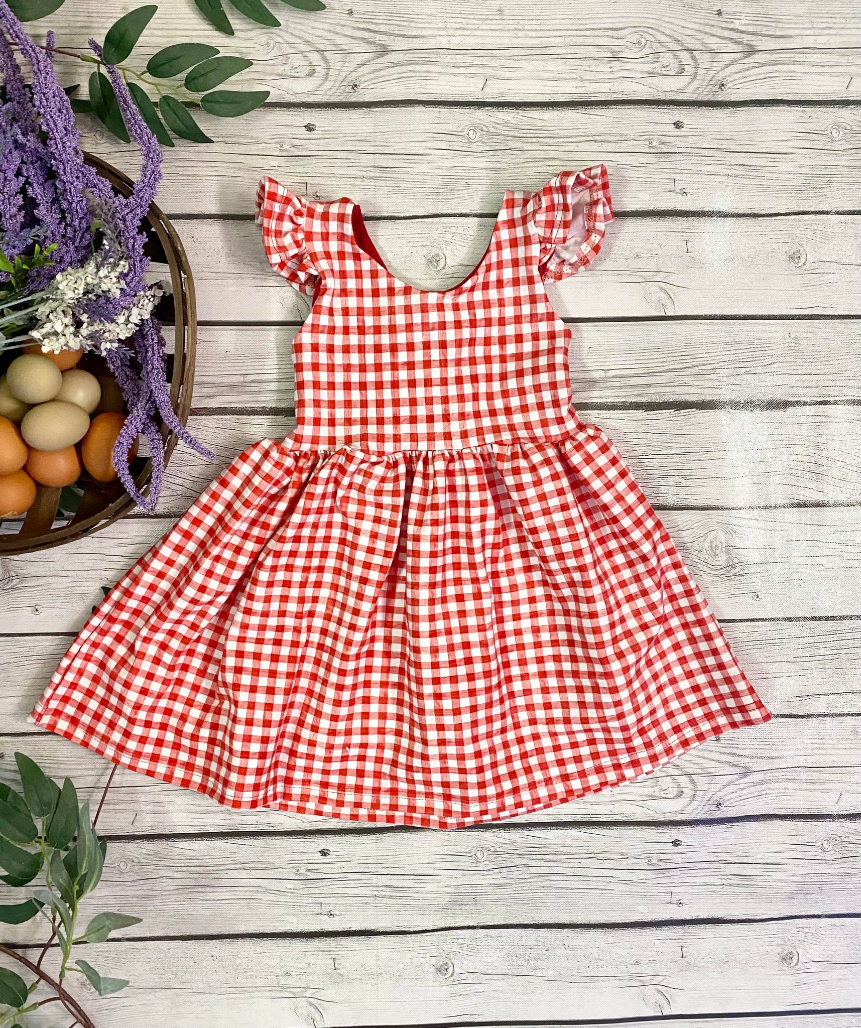 Red Gingham Bow Back Dress with Flutter Sleeve