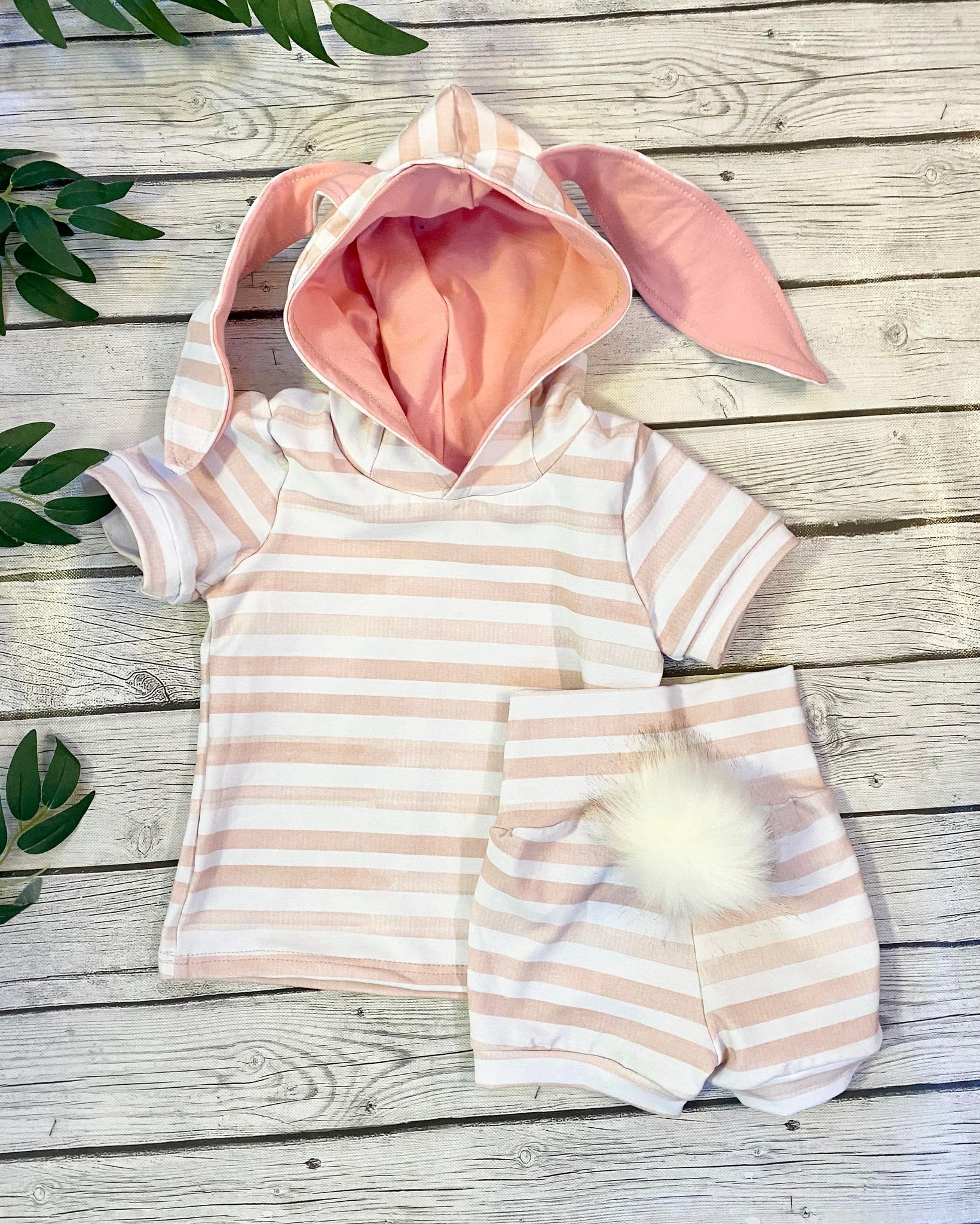 Pink Stripe Bunny Ear Hoodie Tee and Pink Stripe Bummies **Ships in 14 days**