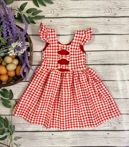 Red Gingham Bow Back Dress with Flutter Sleeve
