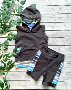 Cool Tone Stripe and Charcoal Hooded Tank Top and Pocket Shorts Set