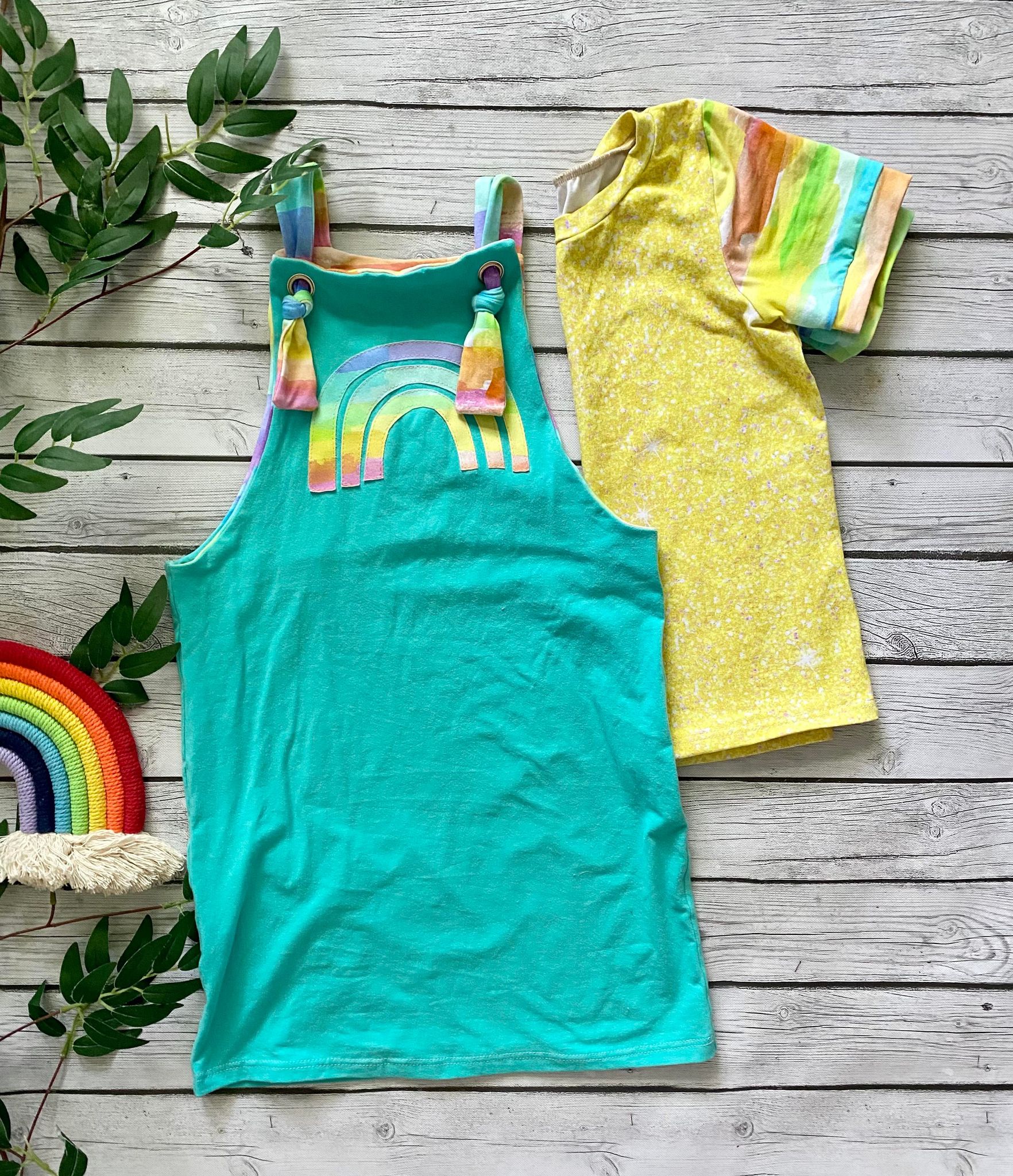 Rainbow Paint Knotted Dress and Yellow Glitter Tee
