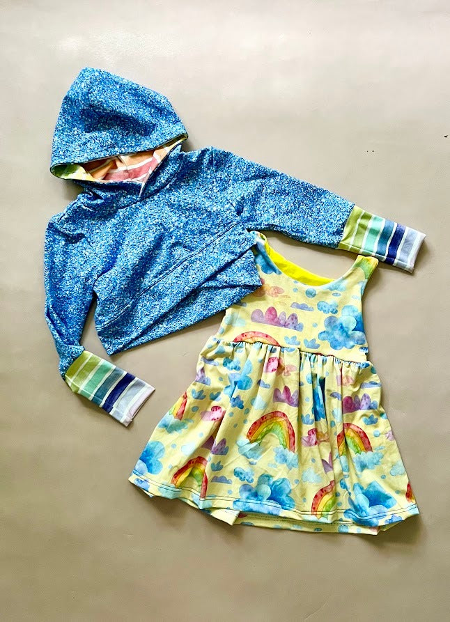 Yellow Rainbow and Glitter Hooded Crop Top and Dress Combo