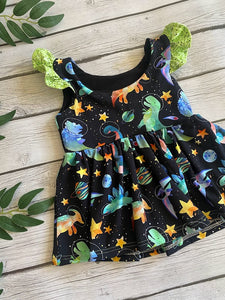 Space Dino Gathered Skirt Flutter Sleeve Peplum