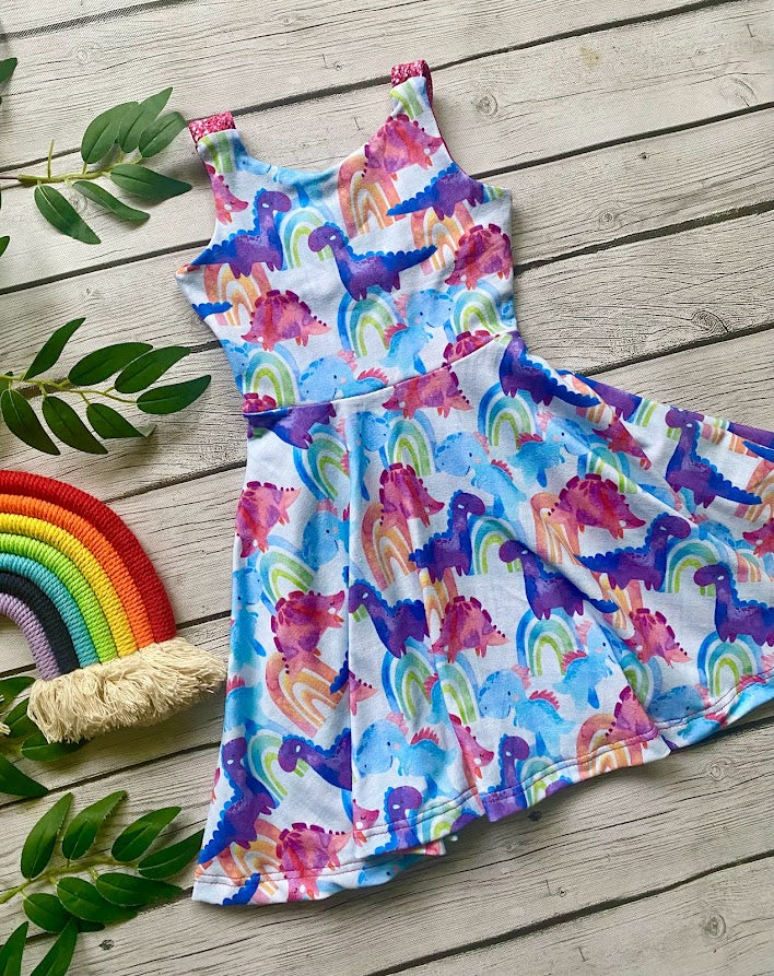 Rainbow Dinosaur Open Back Summer Twirl Grow With Me Dress