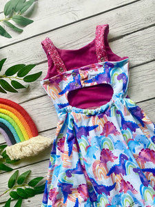 Rainbow Dinosaur Open Back Summer Twirl Grow With Me Dress