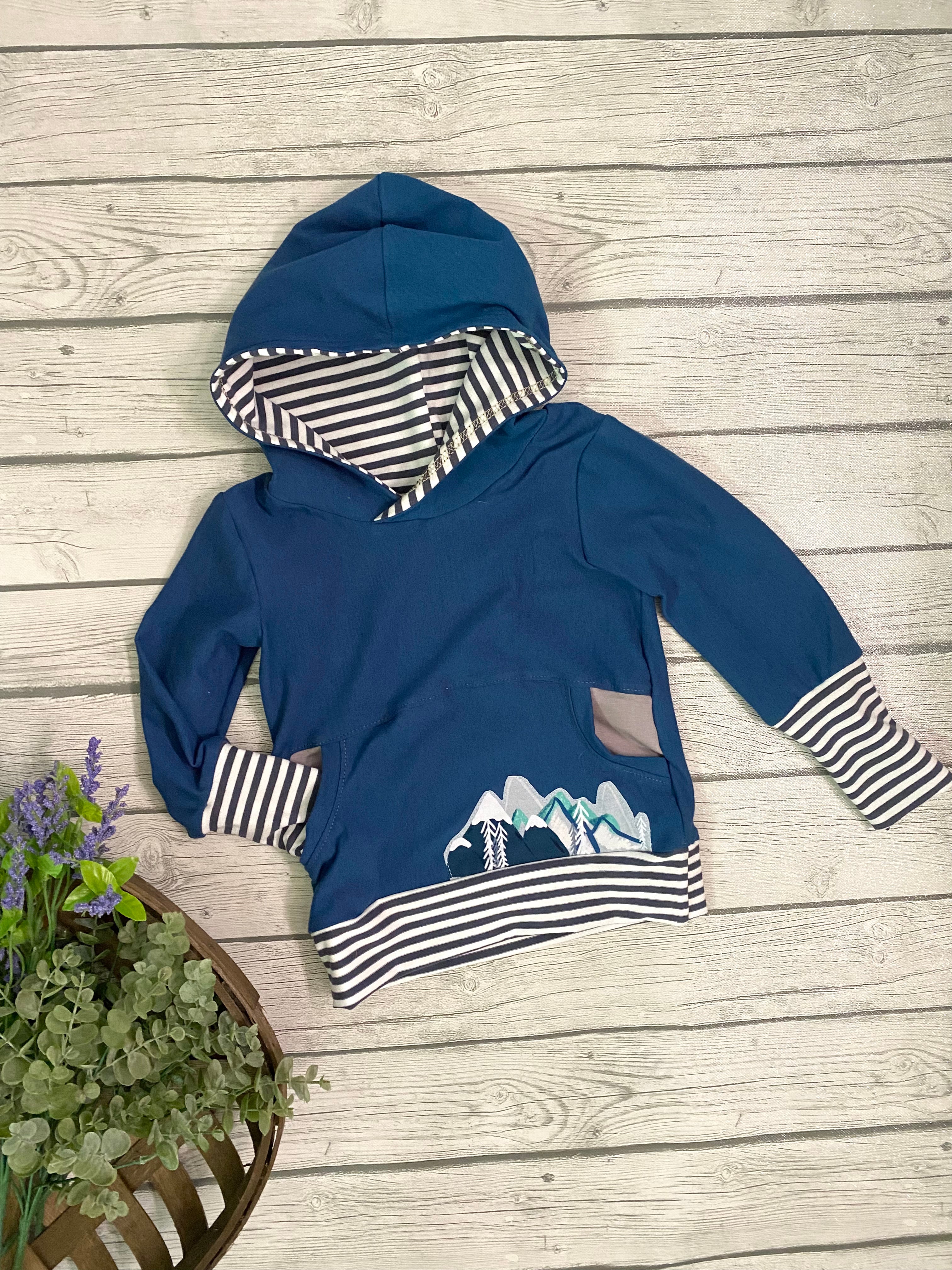 Teal and Stripe Hoodie w/ Mountain